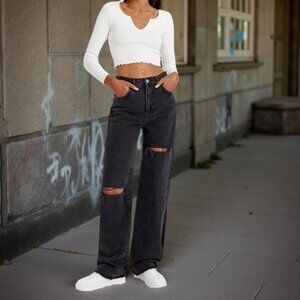 Zara Straight Wide Leg High Rise Distressed Raw Hem Jeans, 27/33